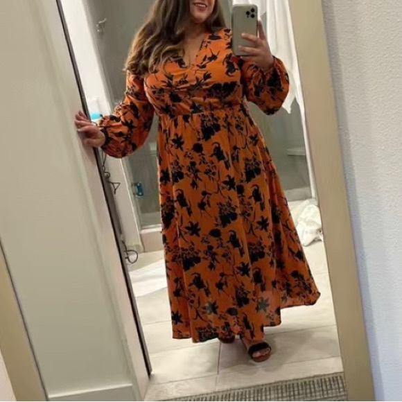 New Midi Floral Thigh Split Brown Orange Rust Color Mix Dress Surplice V Neck - Picture 12 of 16